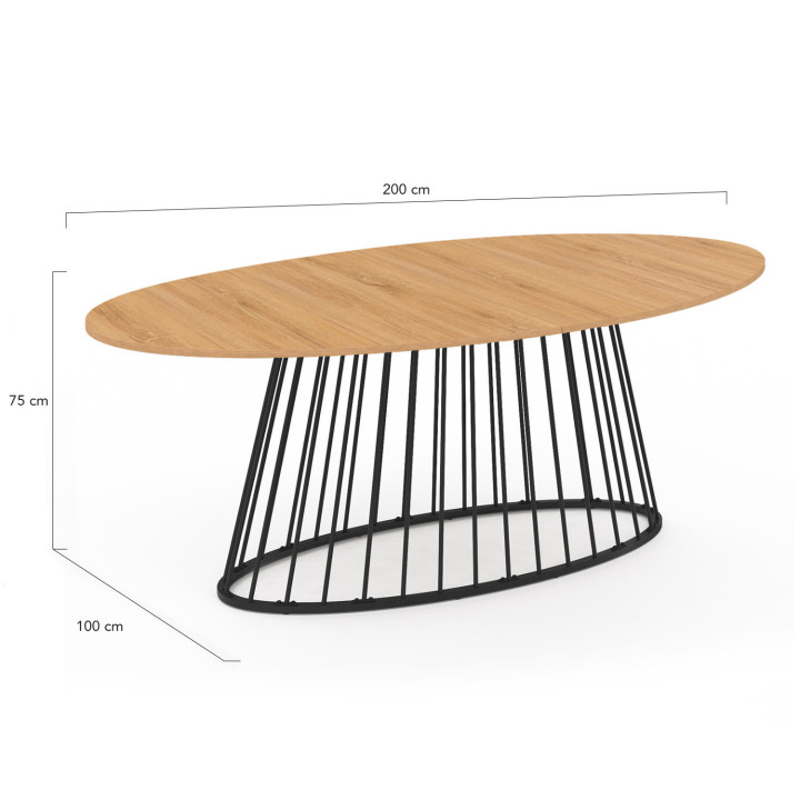 10-persoons ovale eettafel met houten blad en zwarte metalen draadpoot - YUNA | ID Market