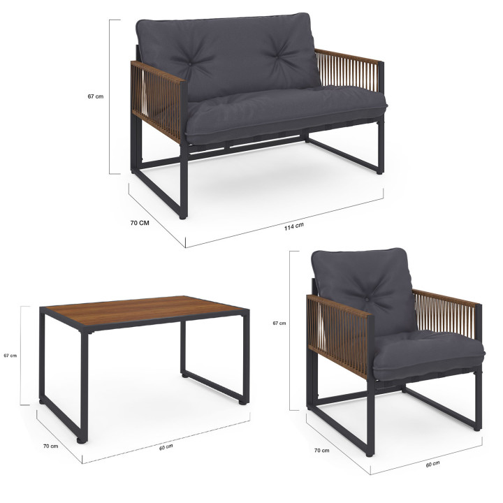 Conjunto de muebles bajos de jardín de 4 plazas en acero gris y cordaje marrón - RIO | ID Market