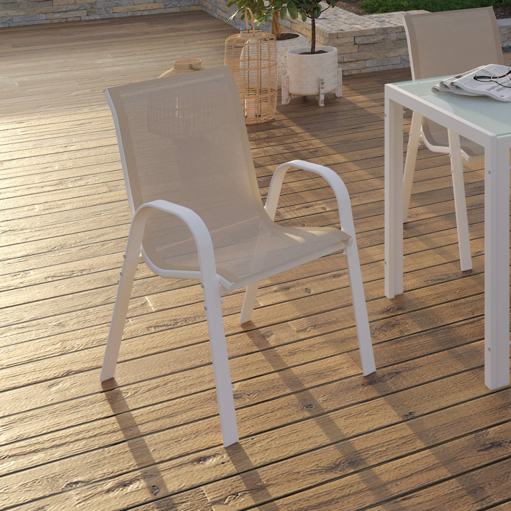 Chaises de jardin métal et textilène empilables blanc et beige - LYMA |ID Market