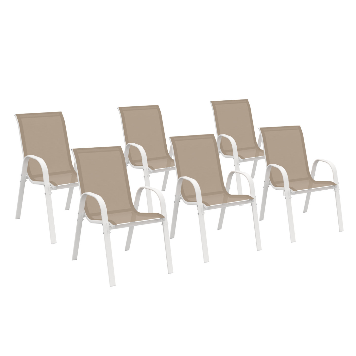 Lot 6 Chaises Jardin LYMA Métal Textilène Blanc Beige