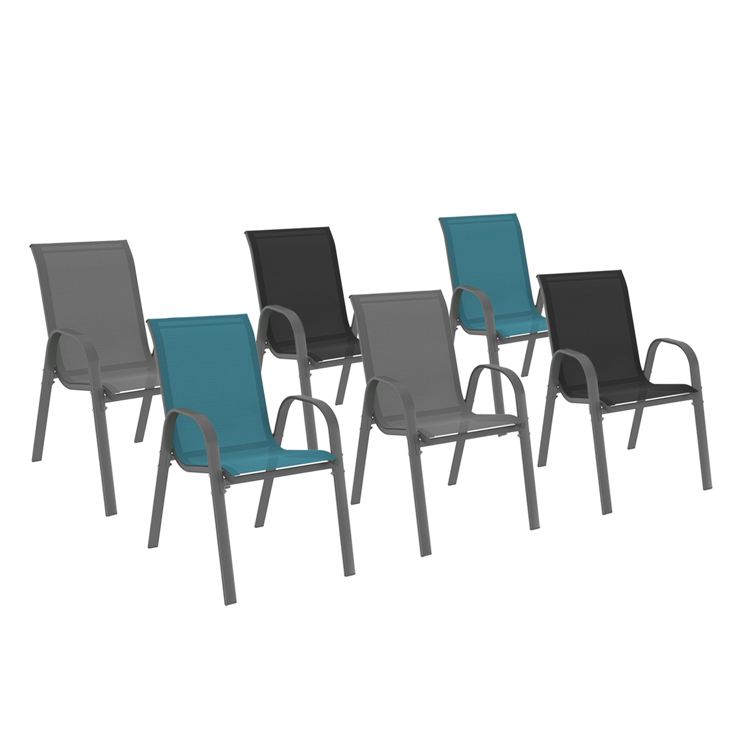 Lot de 6 chaises de jardin empilables en métal gris, noir et bleu et textilène