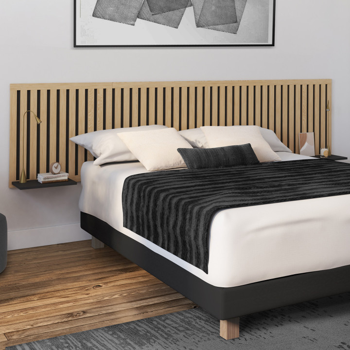 Cabecero colgante con listones verticales y estantes de madera y negro - ARIA | ID Market