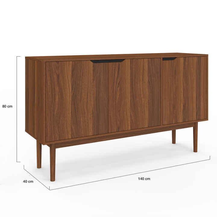 140 cm vintage buffetkast met 3 deuren met notendecor - VIGGO | ID Market