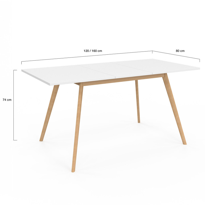 Table scandinave extensible rectangle INGA 4-8 personnes blanche 120-160 cm