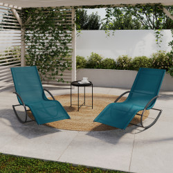 Lot de 2 chaises longues - transat de jardin à bascule MALAWI gris anthracite et toile bleu canard