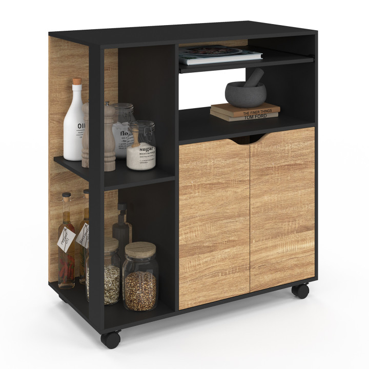Desserte de cuisine bois noir et portes façon hêtre maxi rangement - COSI | ID Market Desserte de cuisine bois noir et portes façon hêtre maxi rangement - COSI | ID Market
