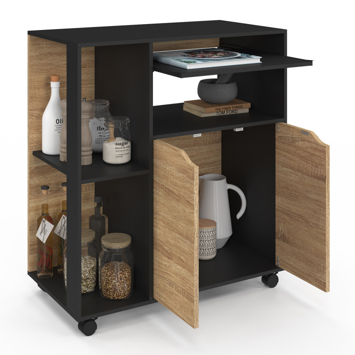 Desserte de cuisine bois noir et portes façon hêtre maxi rangement - COSI | ID Market Desserte de cuisine bois noir et portes façon hêtre maxi rangement - COSI | ID Market