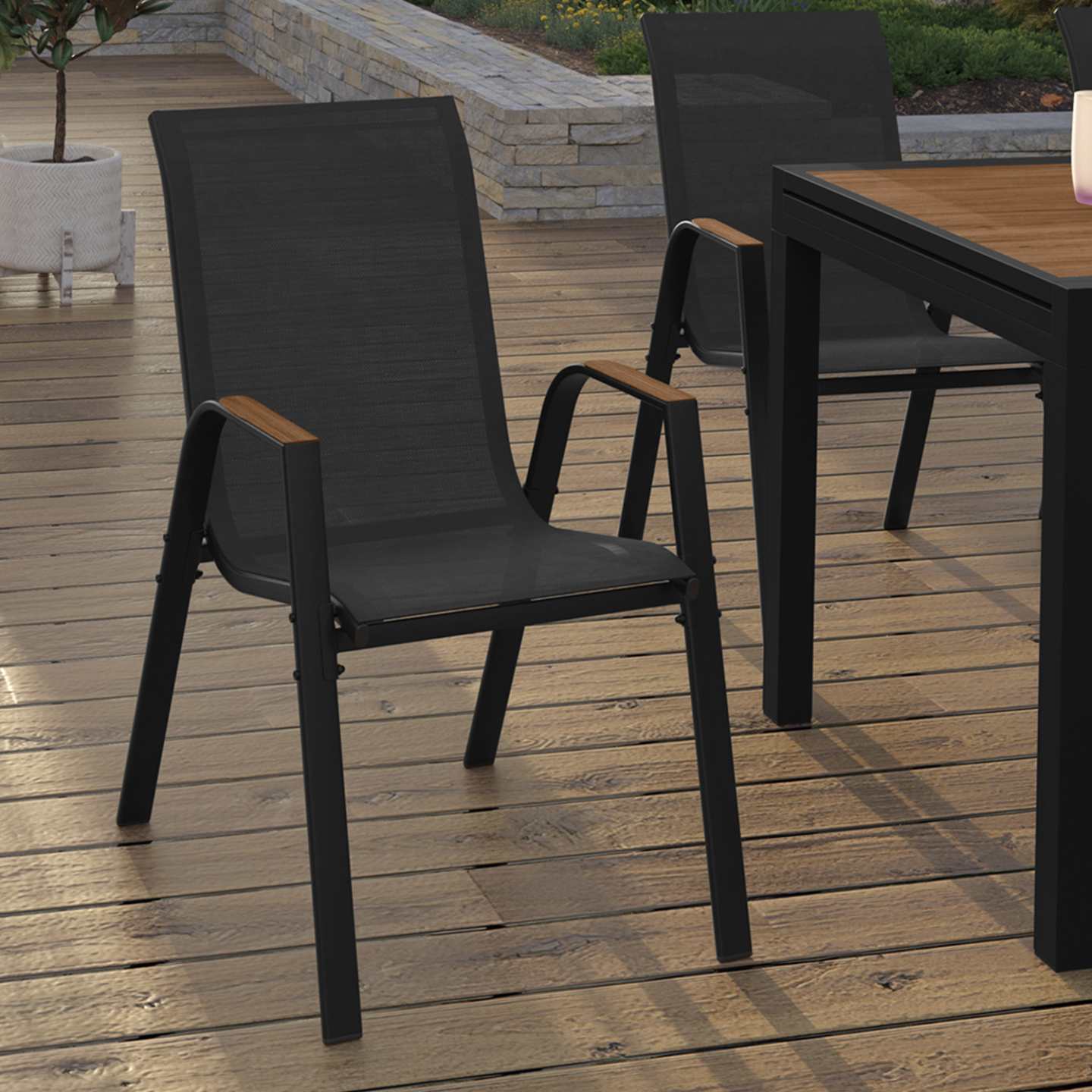 Lot De 6 Chaises Jardin NOUMEA - Métal Et Textilène - Empilables - Noir Et Bois - Accoudoirs