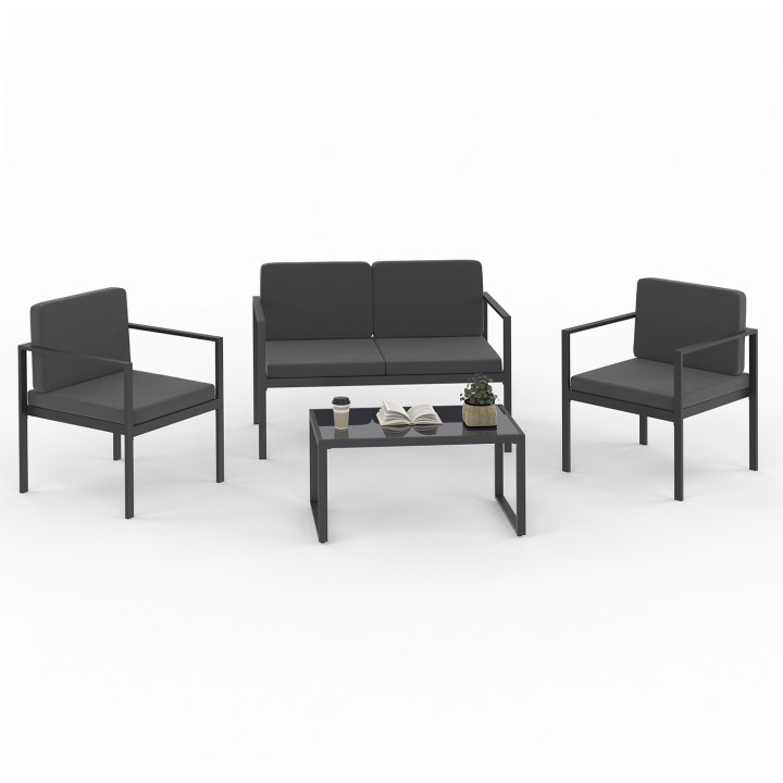 Conjunto de muebles de jardín bajos de acero de 4 plazas en gris antracita - ZANZIBAR | ID Market Conjunto de muebles de jardín bajos de acero de 4 plazas en gris antracita - ZANZIBAR | ID Market