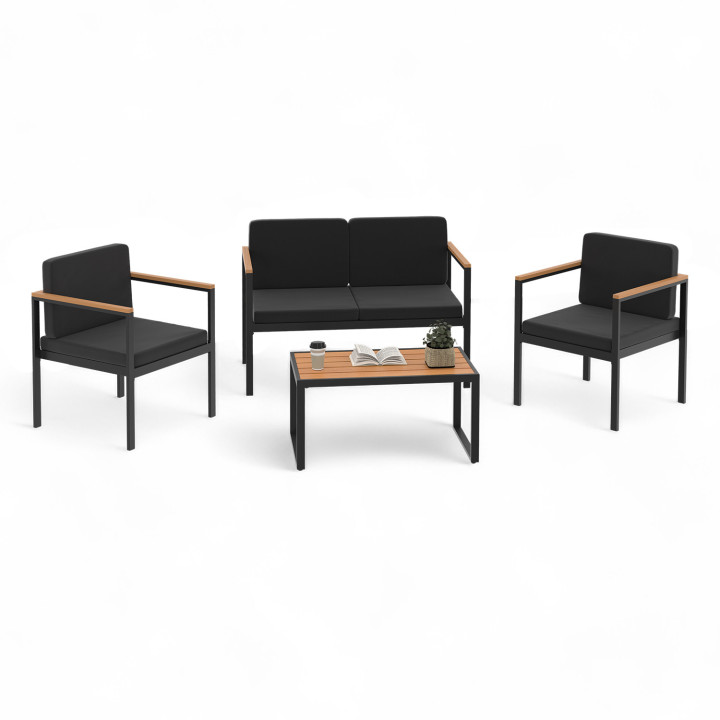 Conjunto de muebles bajos de jardín de acero negro y madera de 4 plazas - ZANZIBAR | ID Market Conjunto de muebles bajos de jardín de acero negro y madera de 4 plazas - ZANZIBAR | ID Market