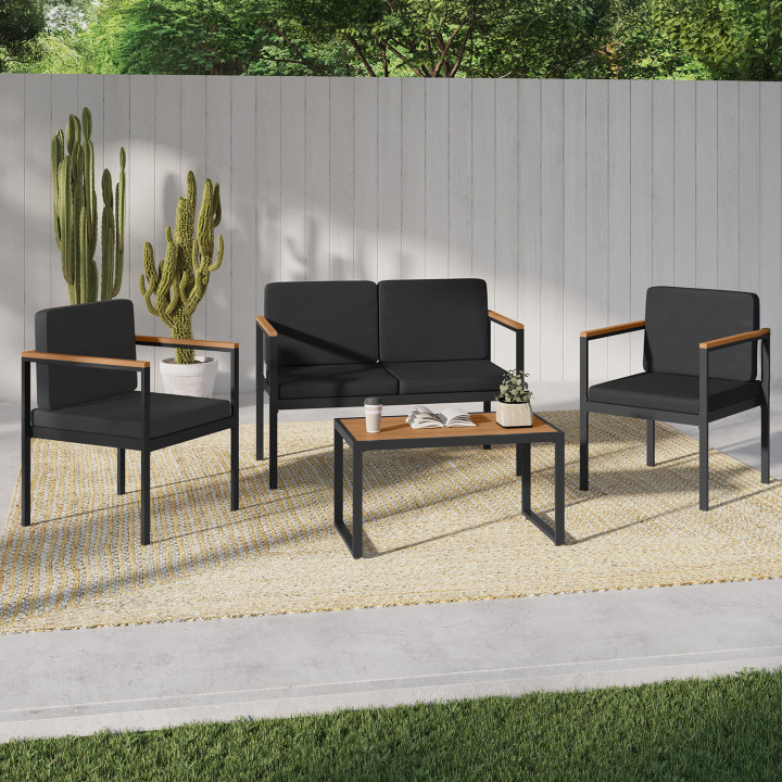 Conjunto de muebles bajos de jardín de acero negro y madera de 4 plazas - ZANZIBAR | ID Market Conjunto de muebles bajos de jardín de acero negro y madera de 4 plazas - ZANZIBAR | ID Market