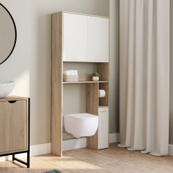 Meuble étagère dessus WC blanc et bois façon hêtre - WALLIS | ID Market