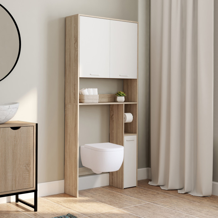 Meuble étagère dessus WC blanc et bois façon hêtre - WALLIS | ID Market
