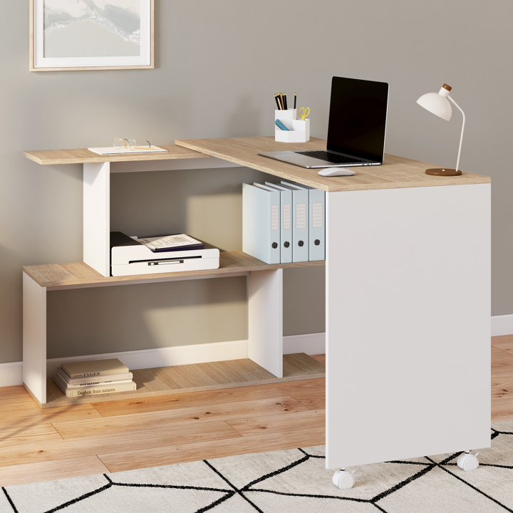 Bureau d'angle JOY rotatif 180° étagère forme S blanc et bois