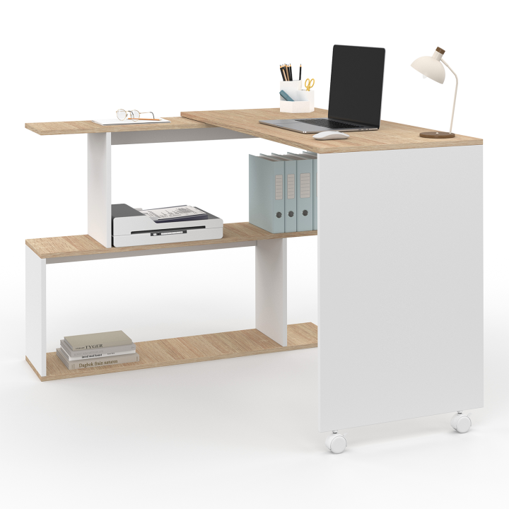 Bureau d'angle rotatif avec étagère en bois hêtre et blanc - JOY | ID Market