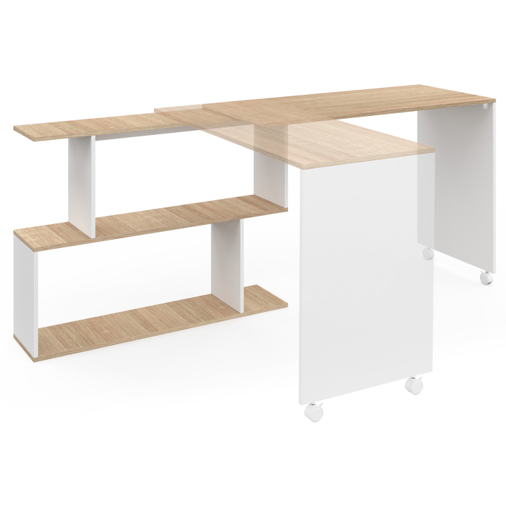 Bureau d'angle rotatif avec étagère en bois hêtre et blanc - JOY | ID Market