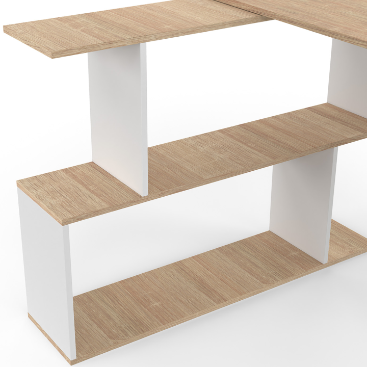 Bureau d'angle rotatif avec étagère en bois hêtre et blanc - JOY | ID Market