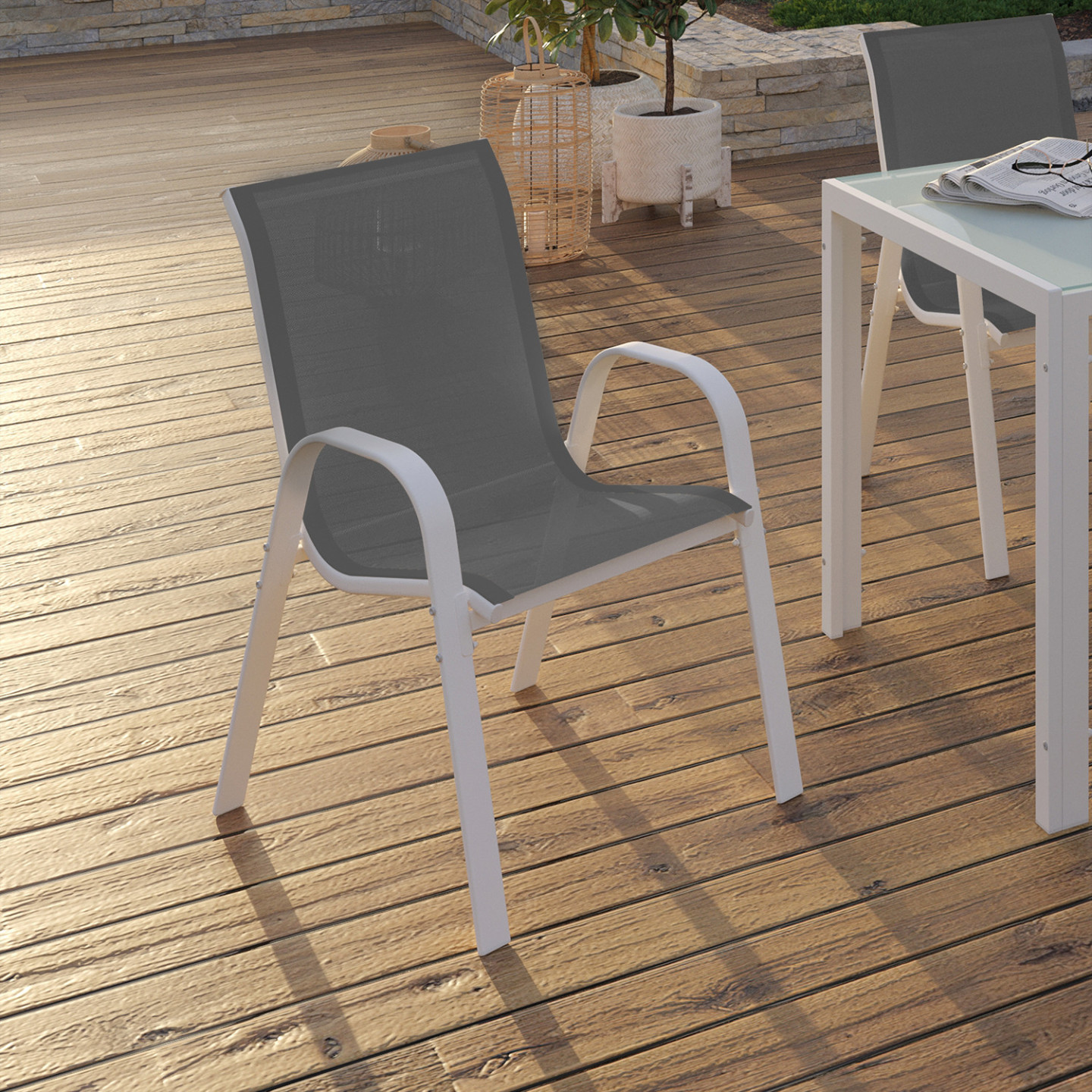 Lot De 6 Chaises De Jardin LYMA - Empilables, Métal Et Textilène - Gris, Noir, Terracotta