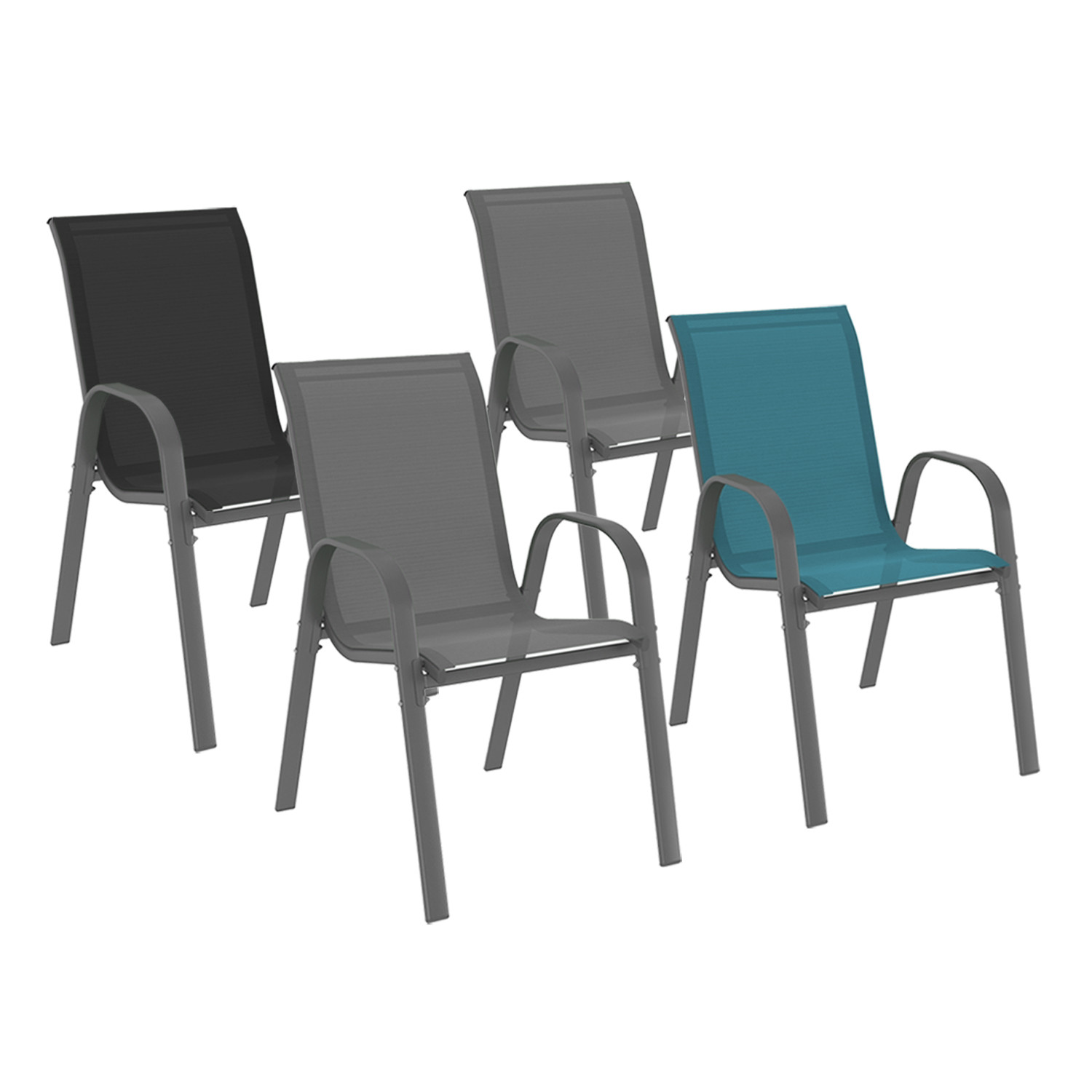 4 chaises de jardin en métal et textilène gris, noir et bleu