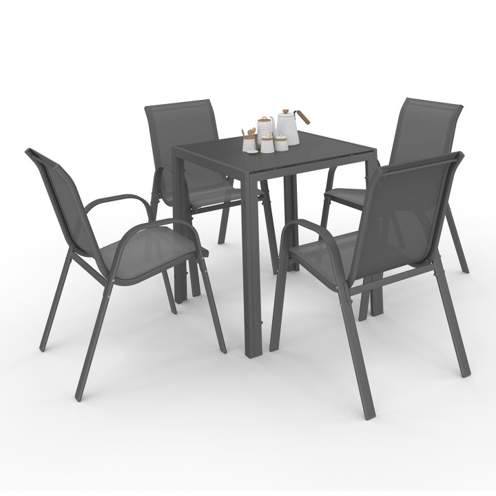 Salon de jardin 4 places table 70cm chaises empilables gris anthracite - MADRID | ID Market
