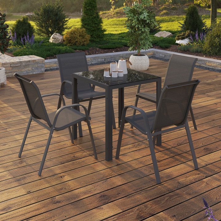 Conjunto de muebles de jardín 4 plazas mesa 70cm sillas apilables gris antracita - MADRID | ID Market