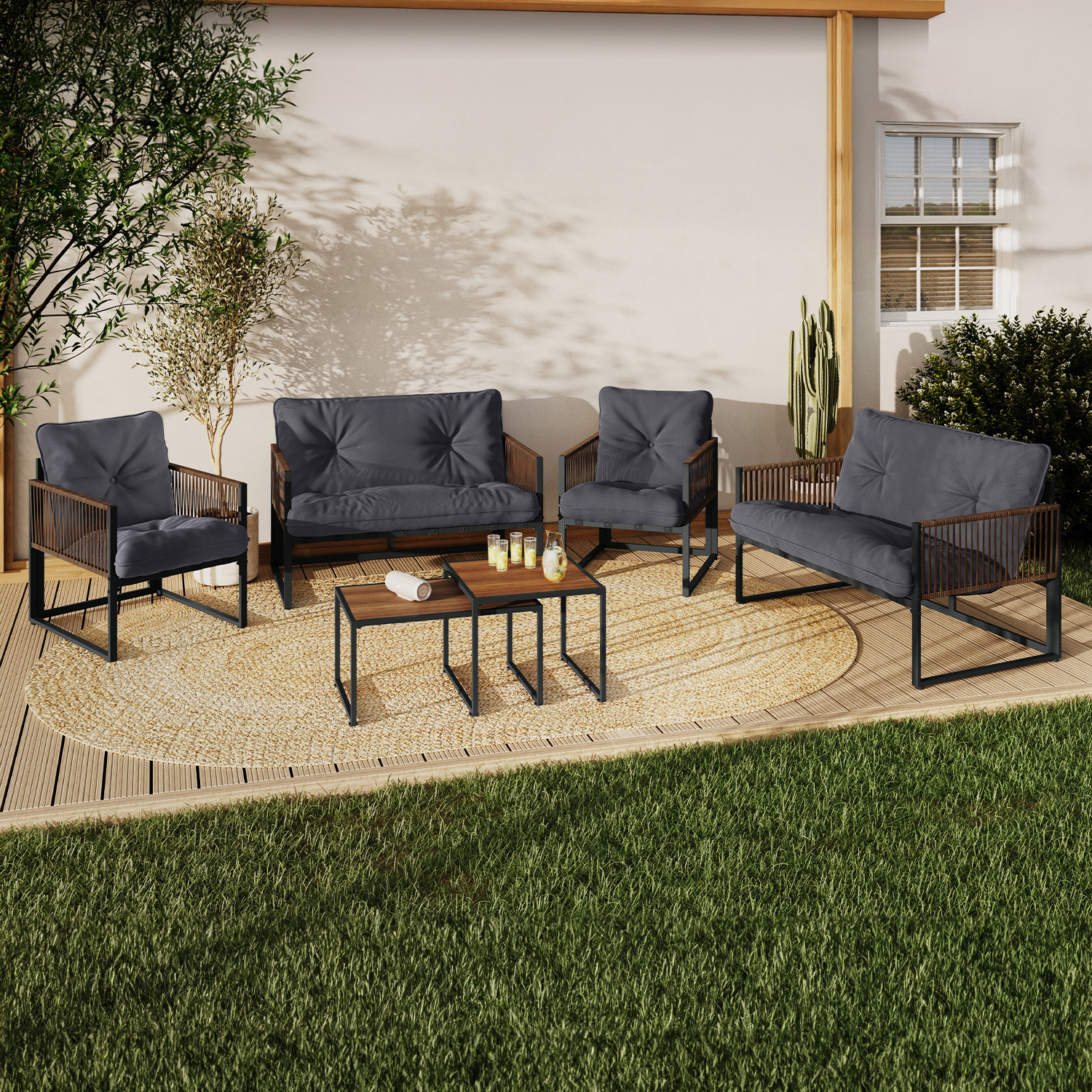 Salon de jardin bas 6 personnes canapés et fauteuils gris anthracite et cordage effet rotin avec tables basses