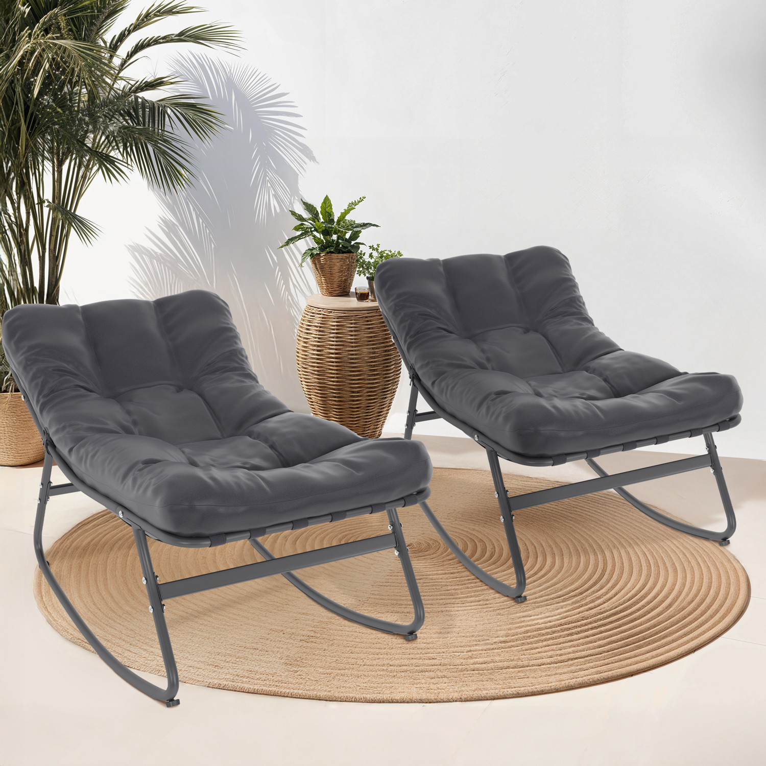 Lot de 2 fauteuils de jardin à bascule métal gris anthracite avec coussins