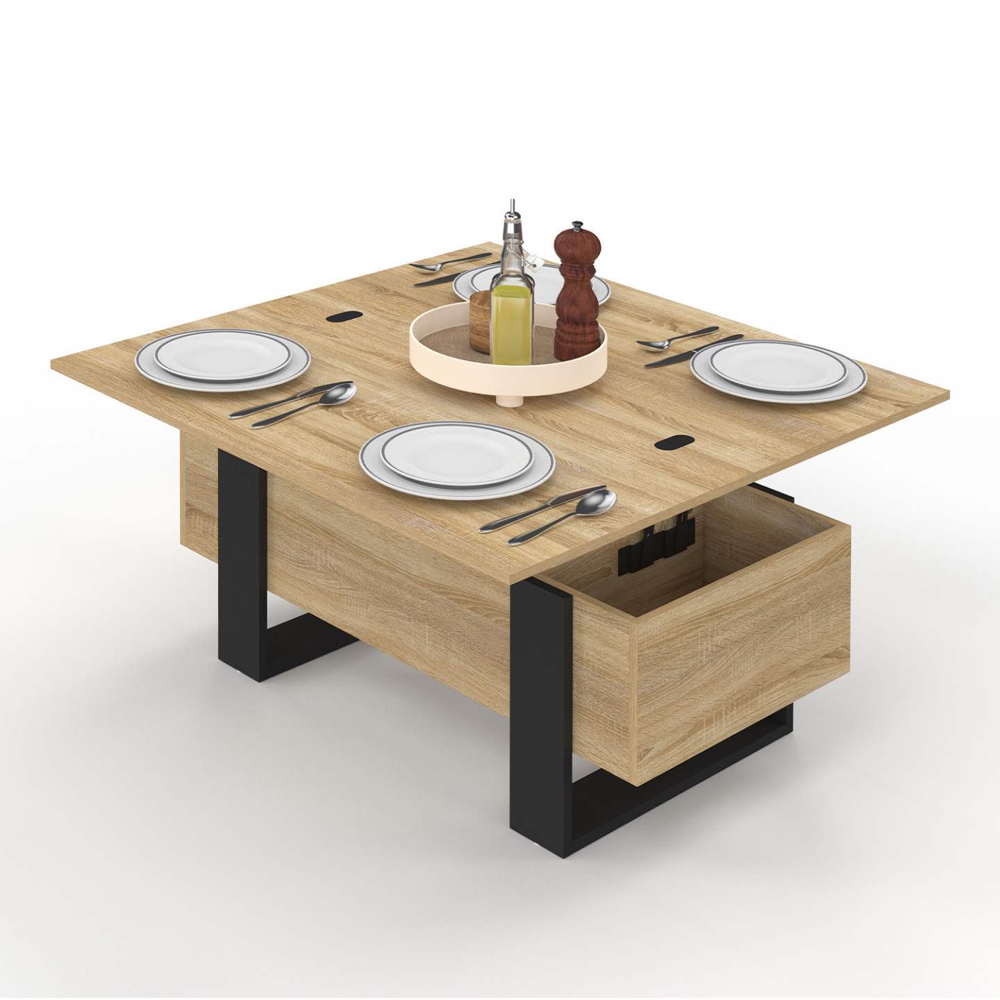 Hochklappbarer Couchtisch, der in einen Esstisch aus Holz und Schwarz umgewandelt werden kann - PHOENIX