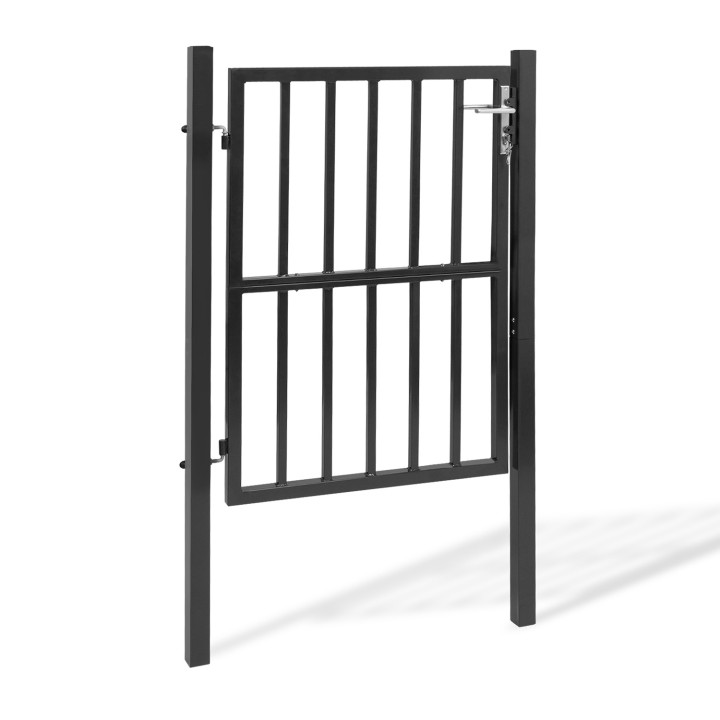 Portillon de jardin barreaudé 105 x 125 cm en acier gris anthracite avec serrure et poignée Portillon de jardin barreaudé 105 x 125 cm en acier gris anthracite avec serrure et poignée