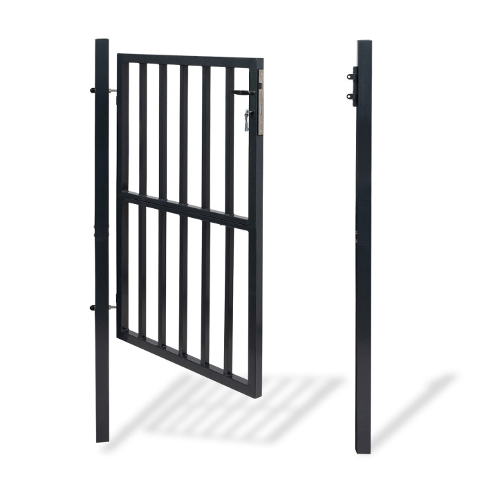 Portillon de jardin barreaudé 105 x 125 cm en acier gris anthracite avec serrure et poignée Portillon de jardin barreaudé 105 x 125 cm en acier gris anthracite avec serrure et poignée