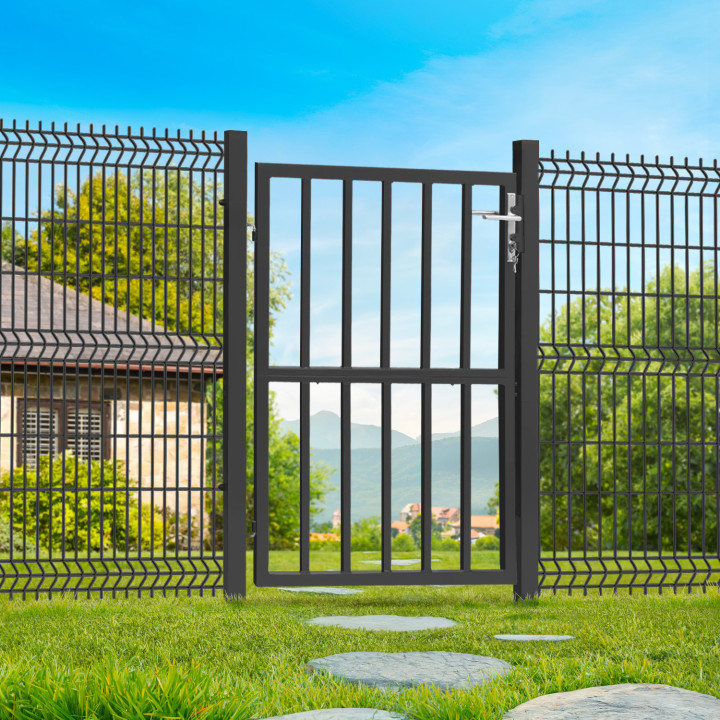 Portillon de jardin barreaudé 105 x 125 cm en acier gris anthracite avec serrure et poignée Portillon de jardin barreaudé 105 x 125 cm en acier gris anthracite avec serrure et poignée