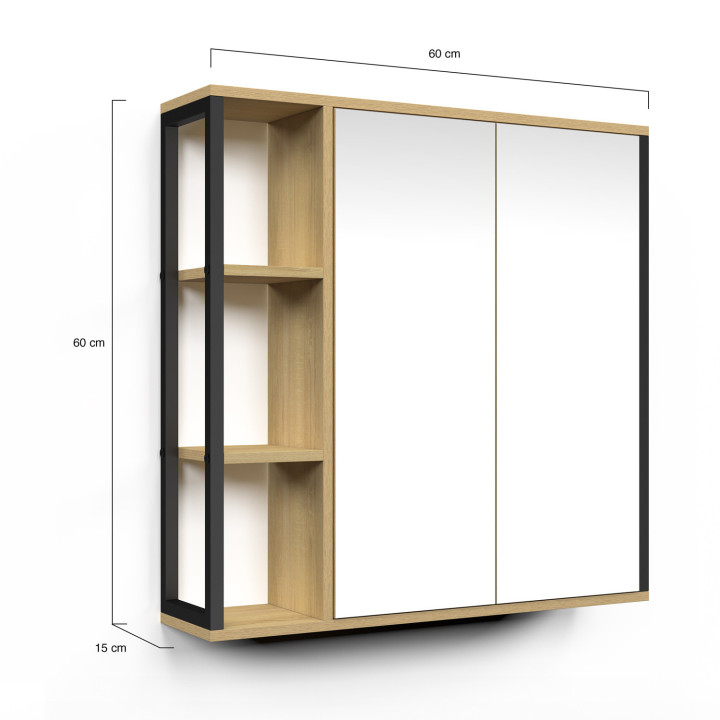 Meuble de rangement suspendu avec miroir et étagères pour salle de bain DETROIT design industriel