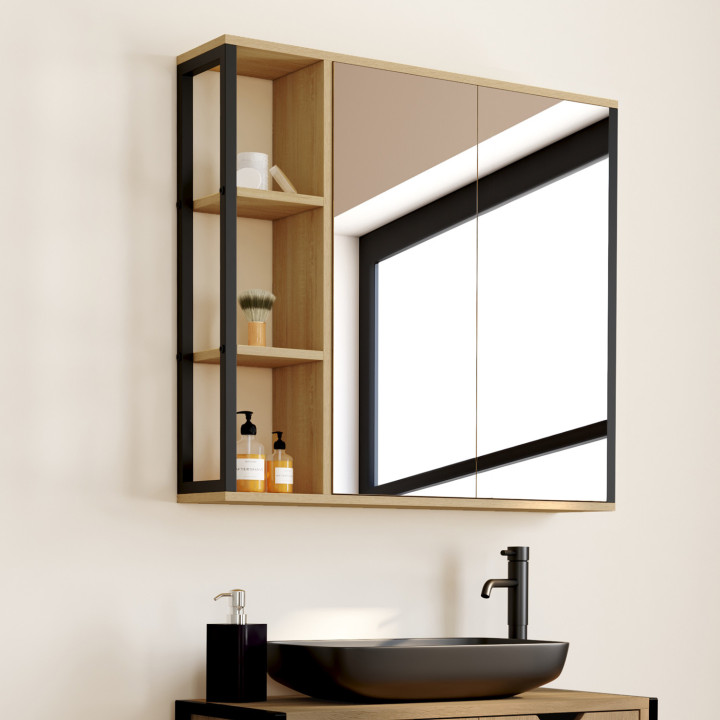 Meuble de rangement suspendu avec miroir et étagères pour salle de bain DETROIT design industriel