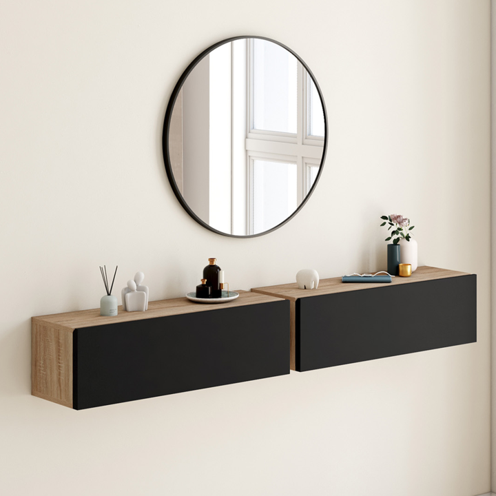 Lote de 2 consolas murales color madera con puerta negra