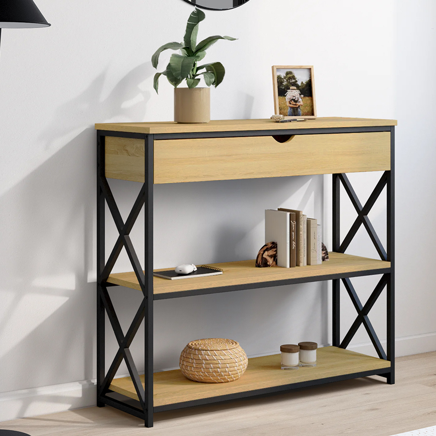 Console bois et métal 1 tiroir 2 étagères design industriel