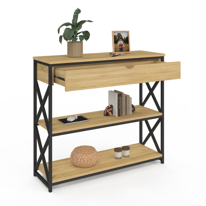 Industriële console 1 lade 2 planken hout en metaal - WAYNE | ID Market