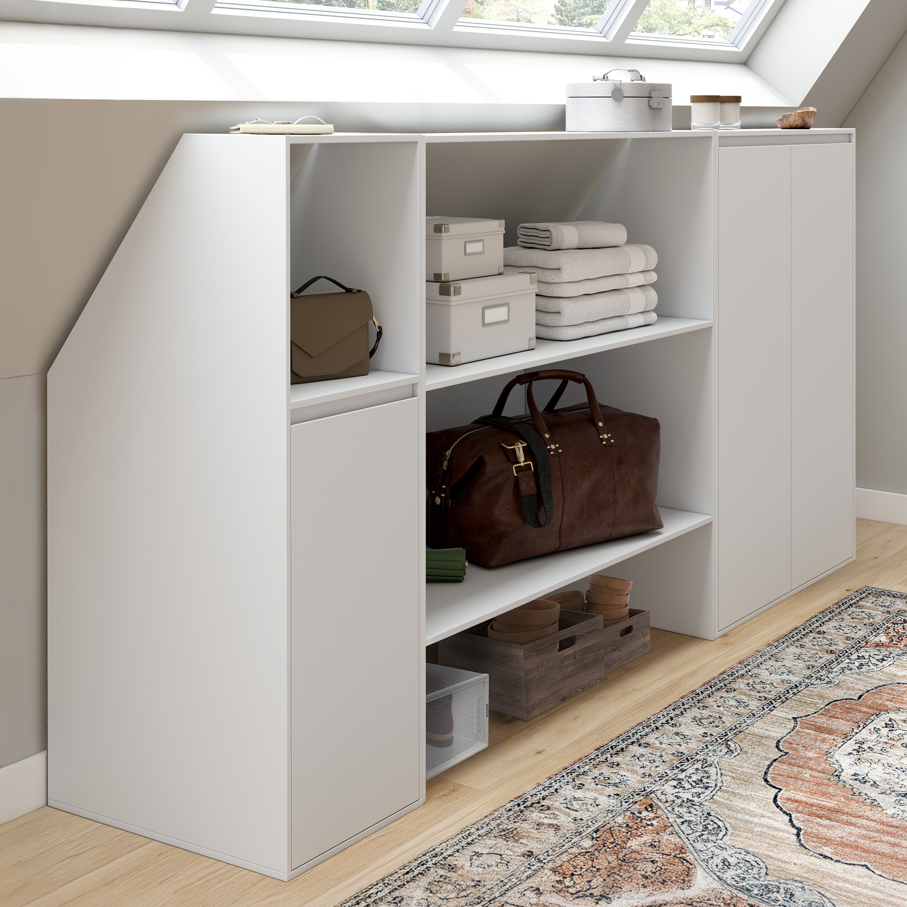 Ensemble étagère 2 niveaux, armoire 2 portes et 1 porte + 1 niche sous pente Blanche