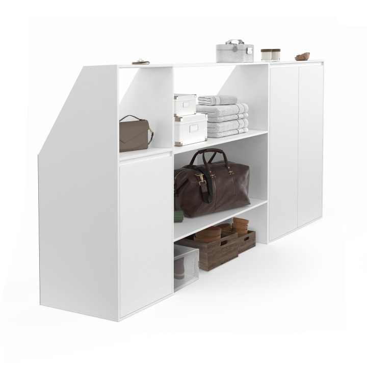 Estantería blanca de 2 niveles, armario de 2 puertas y armario de 1 puerta + 1 nicho inclinado - TOMI | ID Market