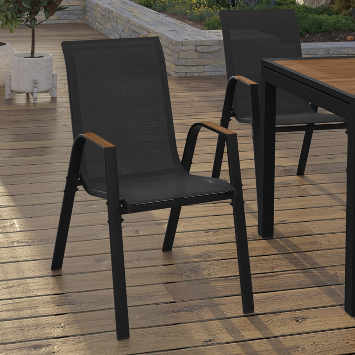 Lot de 4 chaises de jardin empilables métal et textilène noir et bois - NOUMEA | ID Market