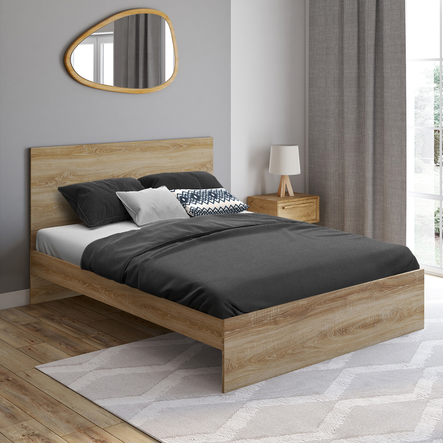 Lit double 140x190 cm avec sommier et tête de lit en bois