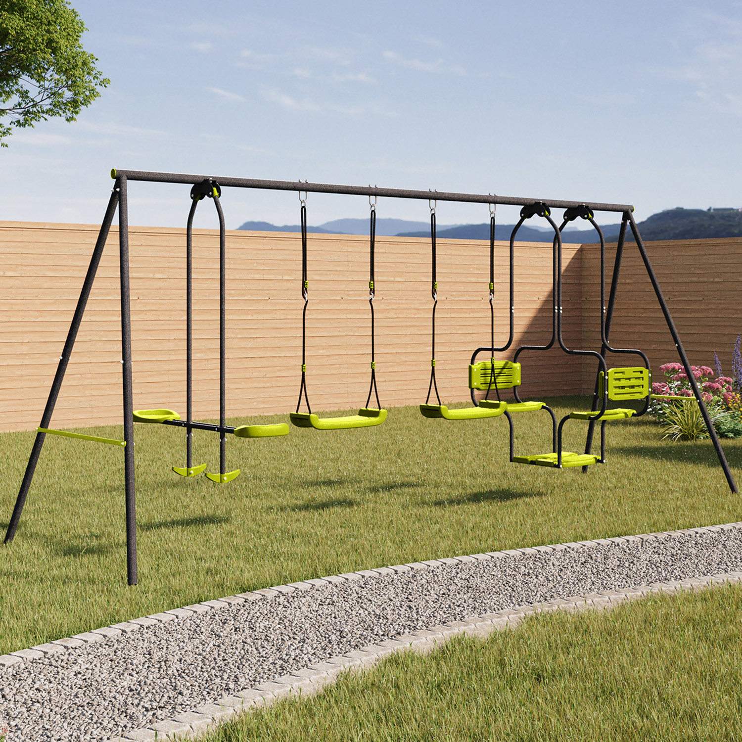 Balançoire verte avec 4 agrès pour 6 enfants