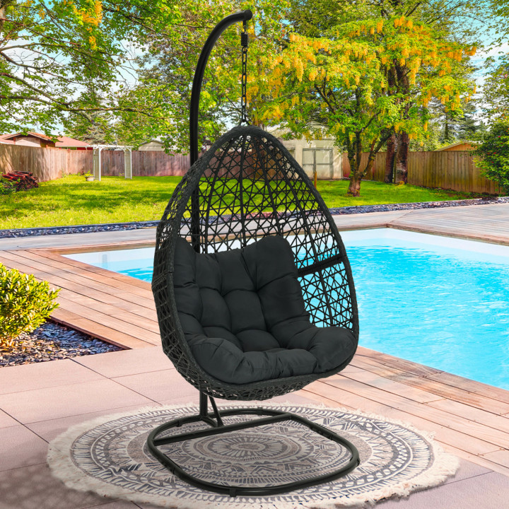 Fauteuil lune suspendu ajouré effet rotin avec coussin gris