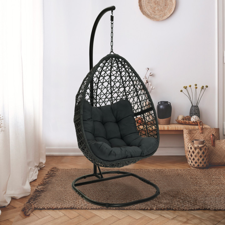 Fauteuil lune suspendu ajouré effet rotin avec coussin gris
