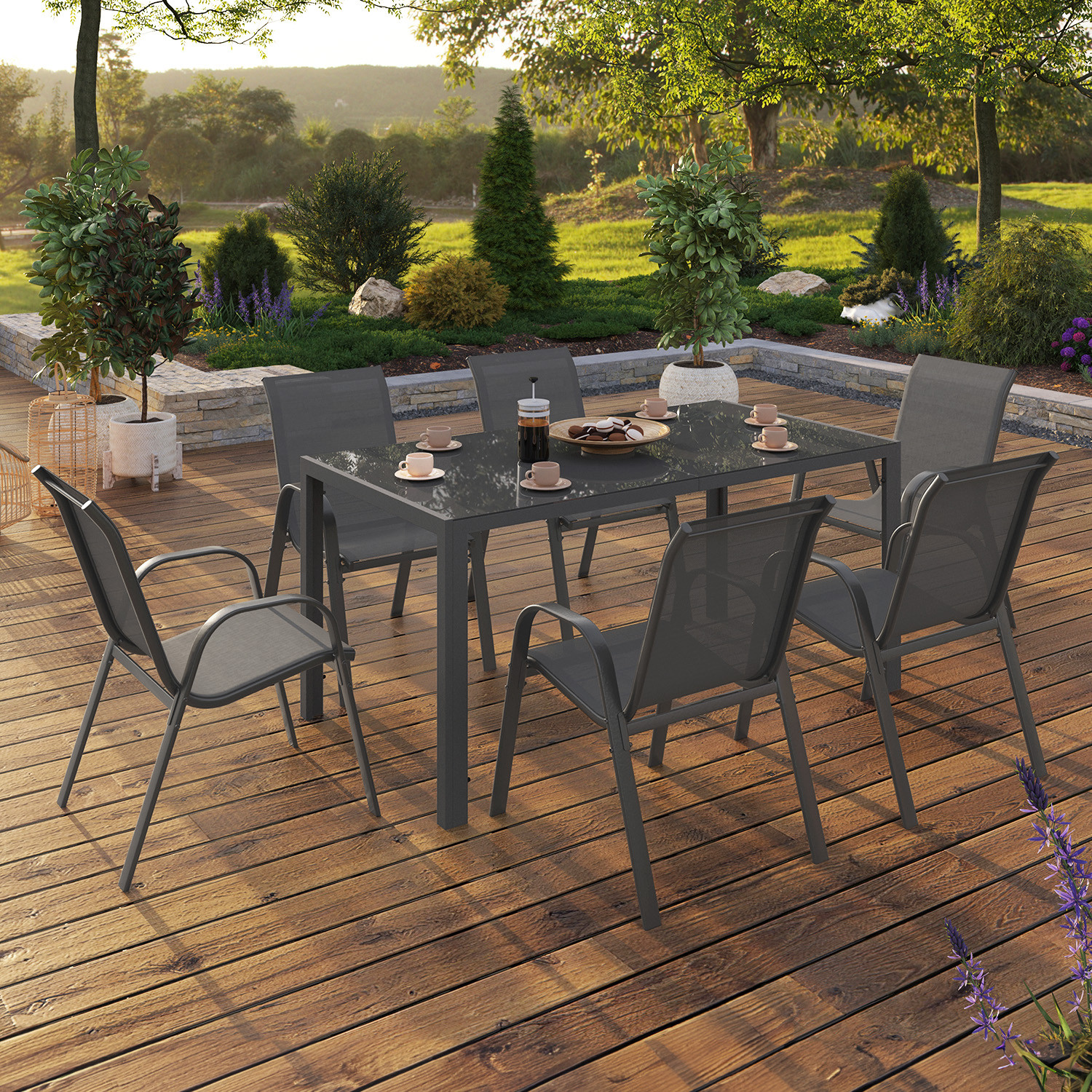 Salon de jardin avec 6 chaises empilables