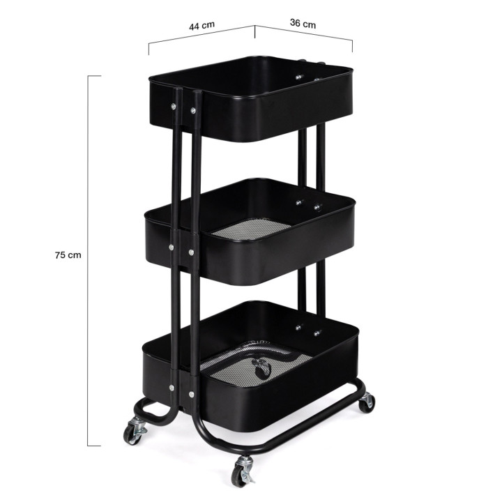 Carro de servicio de acero con ruedas, 3 niveles, negro | ID Market
