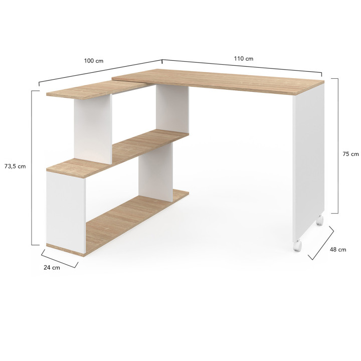 Bureau d'angle rotatif avec étagère en bois hêtre et blanc - JOY | ID Market