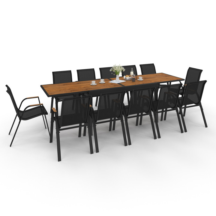 Uitschuifbare tuinmeubeltafel met blad van gehard glas met houteffect en 12 stapelbare stoelen - NOUMEA | ID Market