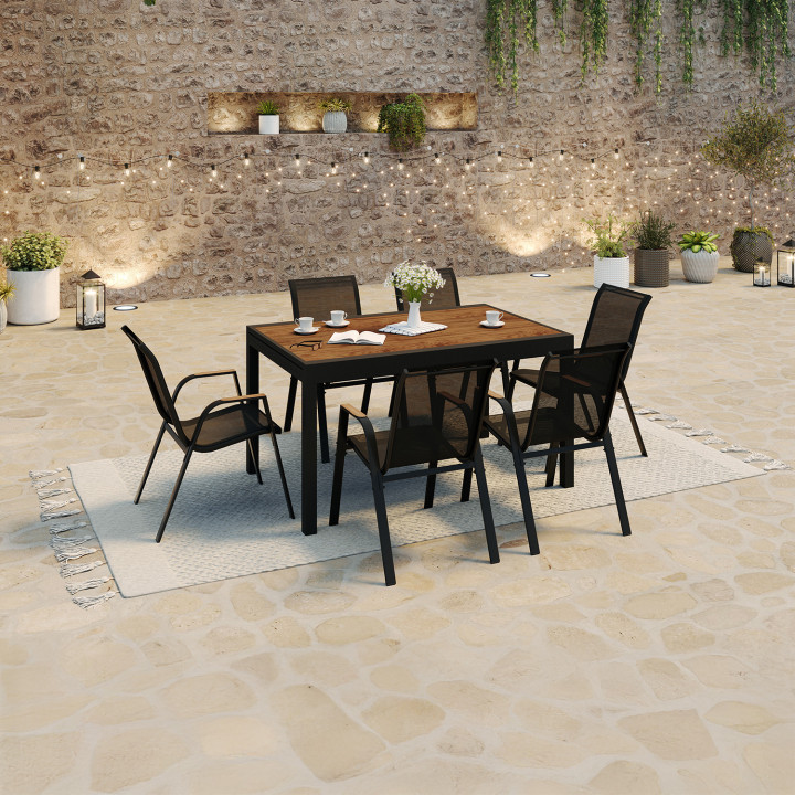Salon de jardin table extensible plateau verre trempé effet bois et 12 chaises empilables - NOUMEA | ID Market