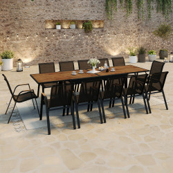 Salon de jardin table extensible plateau verre trempé effet bois et 12 chaises empilables - NOUMEA | ID Market