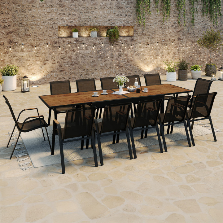 Salon de jardin table extensible plateau verre trempé effet bois et 12 chaises empilables - NOUMEA | ID Market